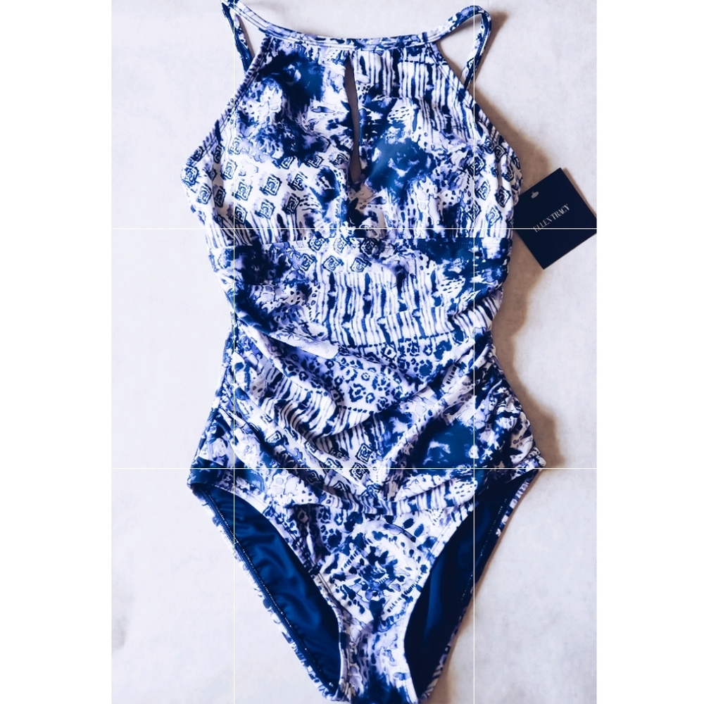 Ellen Tracey blue one piece high neck key hole